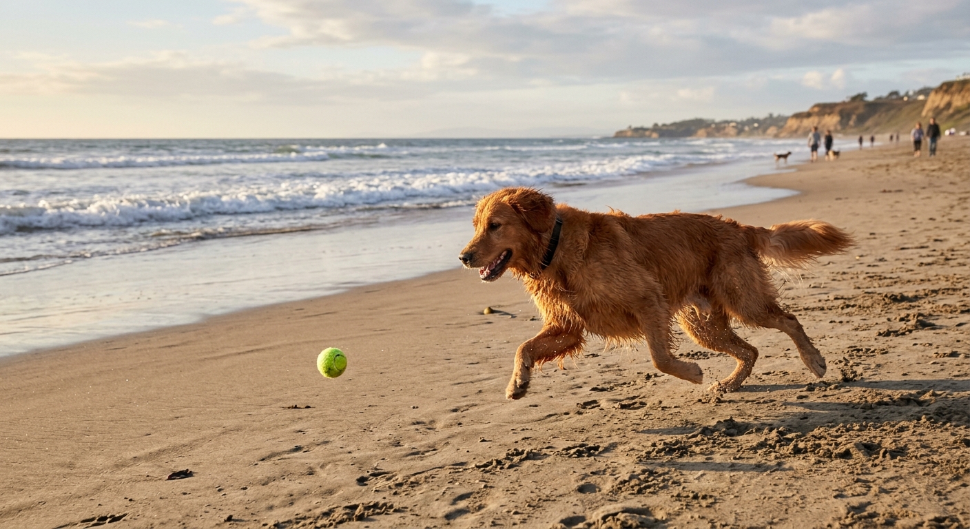 A wet golden retriever runs along a sandy beach chasing a tennis ball